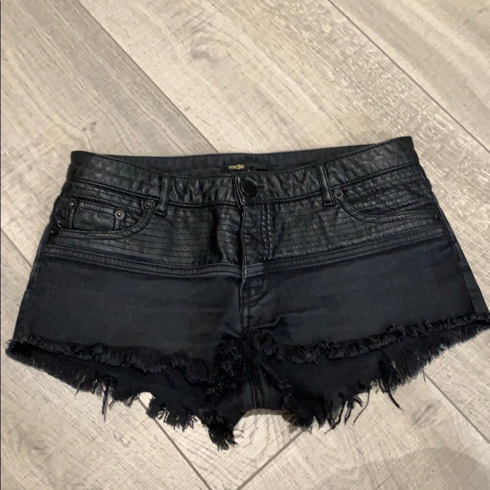 Maje Paris black denim/leather shorts